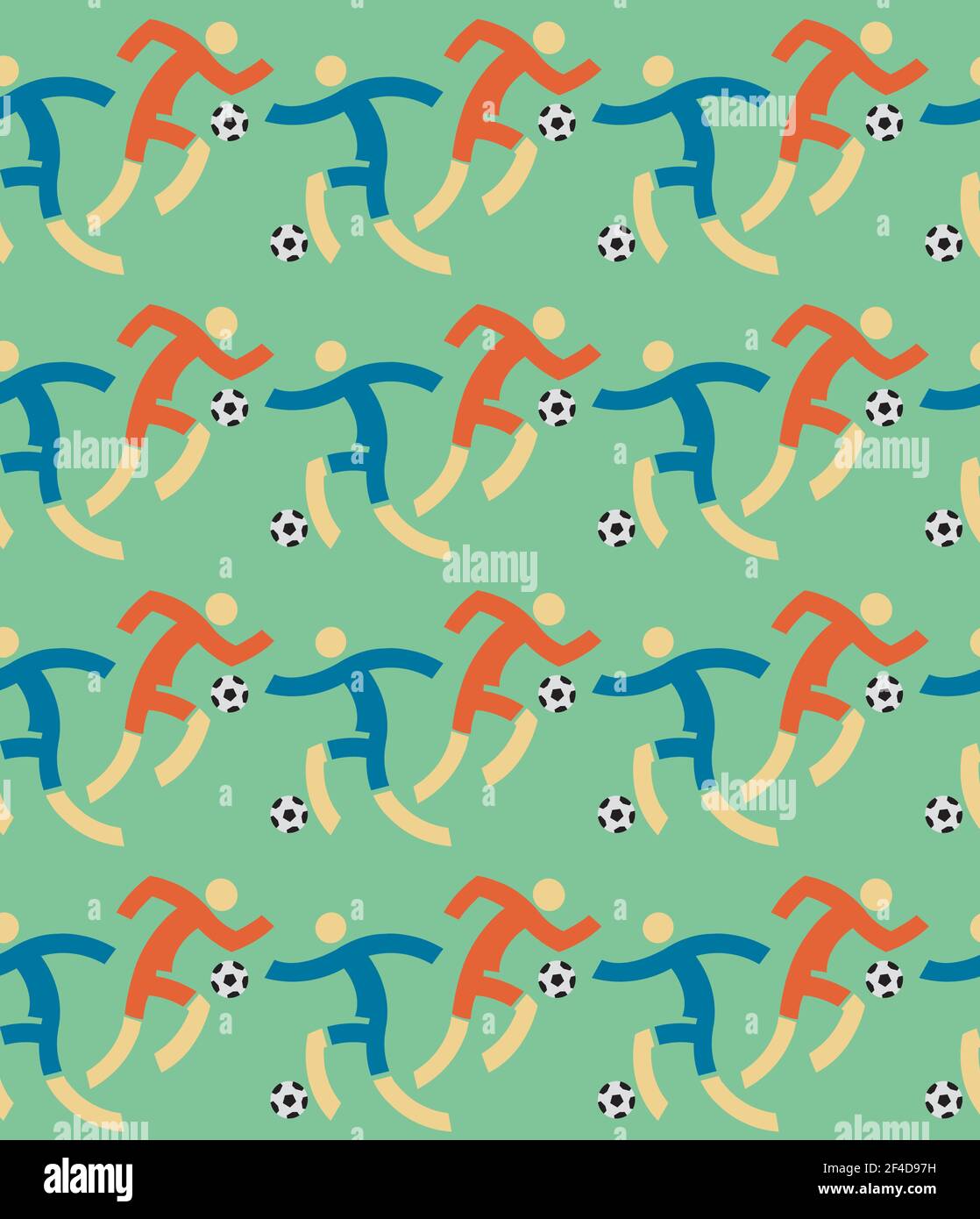 Soccer players, Seamless decorative pattern, retro colors background. Green backdrop with football players. Vector available. Stock Vector