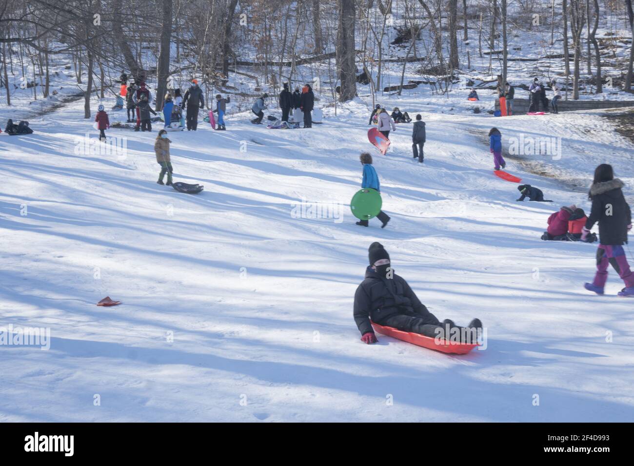 Children and families enjoying a day sledding in Prospect Park after a recent winter snow storm in Brooklyn, New York. Stock Photo