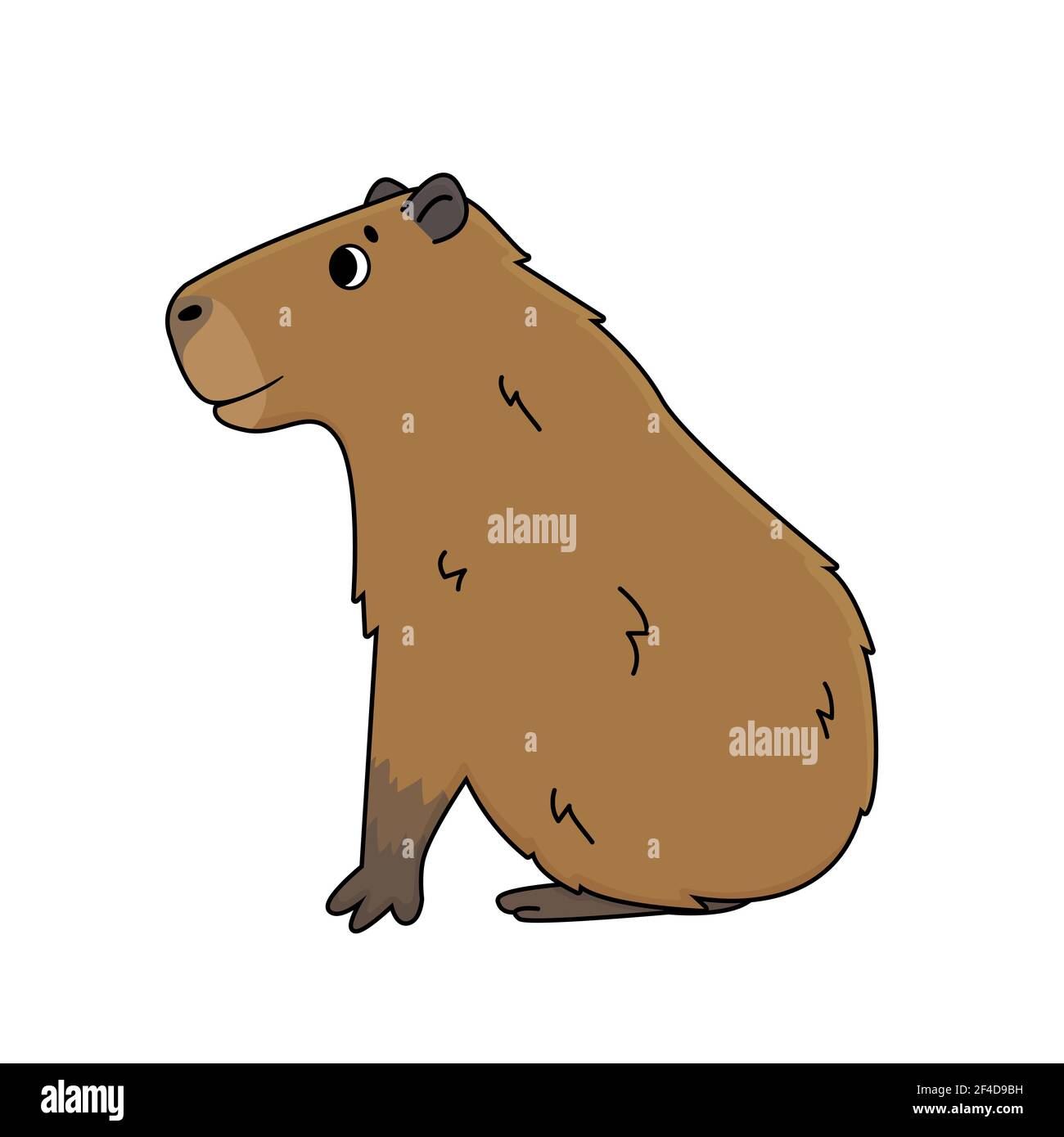 Vector cute cartoon outline Capybara smiles and sits on the ground. Doodle isolated illustration of animal is on white background, side view Stock Vector