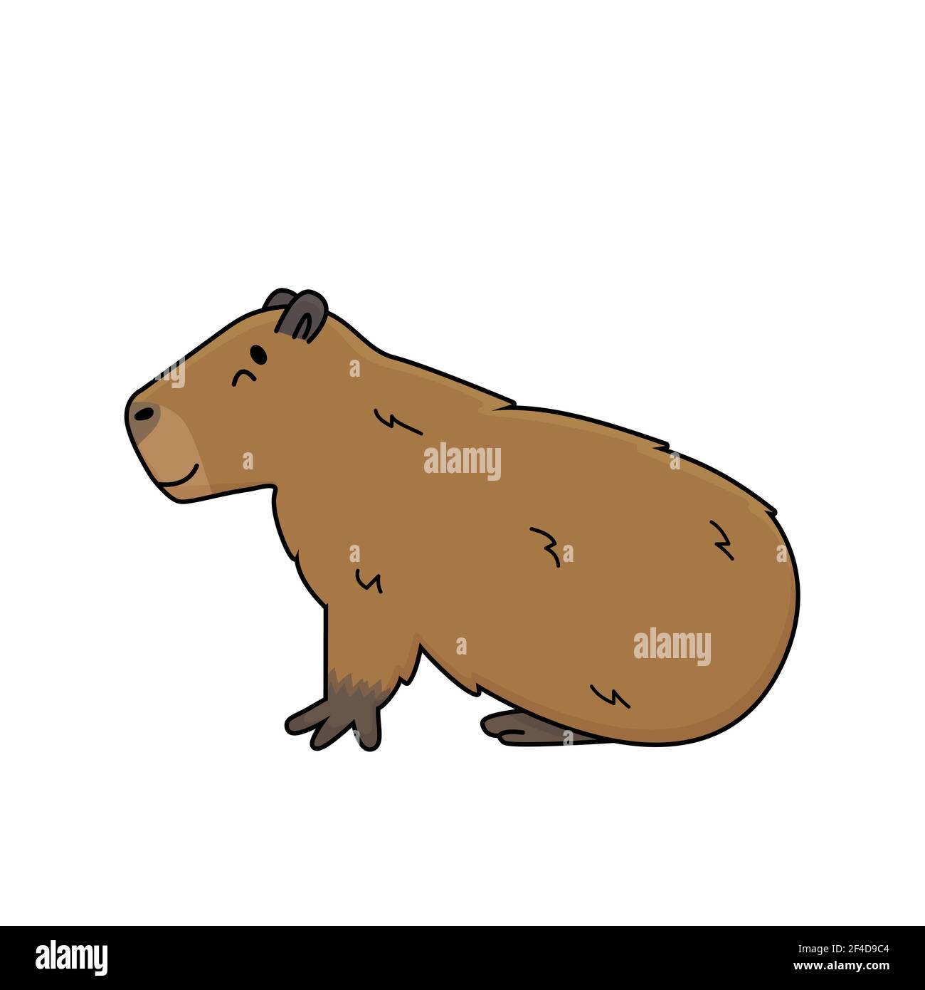 Vector brown cute cartoon outline Capybara smiles and lying on the ground, eyes closed, dreaming or sleeping. Doodle isolated illustration of animal i Stock Vector