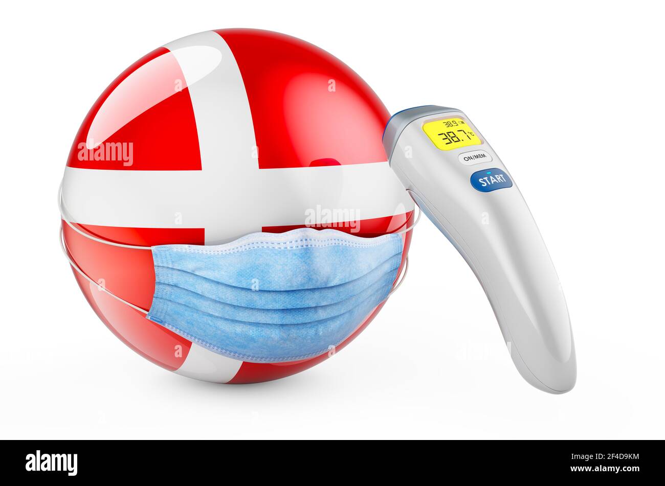 Danish flag with medical mask and infrared electronic thermometer. Pandemic in Denmark concept, 3D rendering isolated on white background Stock Photo