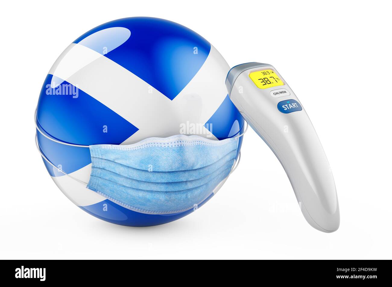 Scottish flag with medical mask and infrared electronic thermometer. Pandemic in Scotland concept, 3D rendering isolated on white background Stock Photo