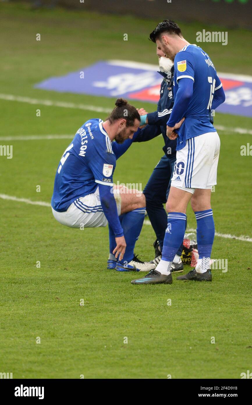 SWANSEA, WALES. MARCH 20TH: Sean Morrison of Cardiff City requires treatment during the Sky Bet Championship match between Swansea City and Cardiff City at the Liberty Stadium, Swansea on Saturday 20th March 2021. (Credit: Jeff Thomas | MI News) Credit: MI News & Sport /Alamy Live News Stock Photo