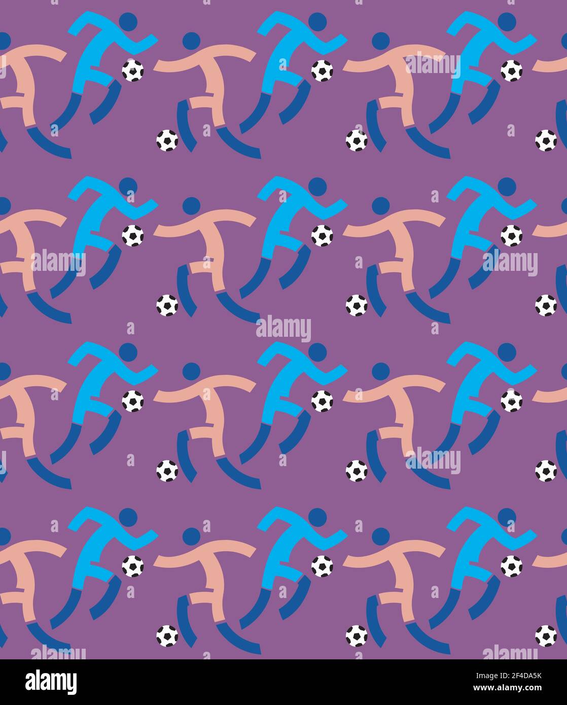Soccer players, Seamless decorative pattern, retro colors background. Violet backdrop with football players. Vector available. Stock Vector