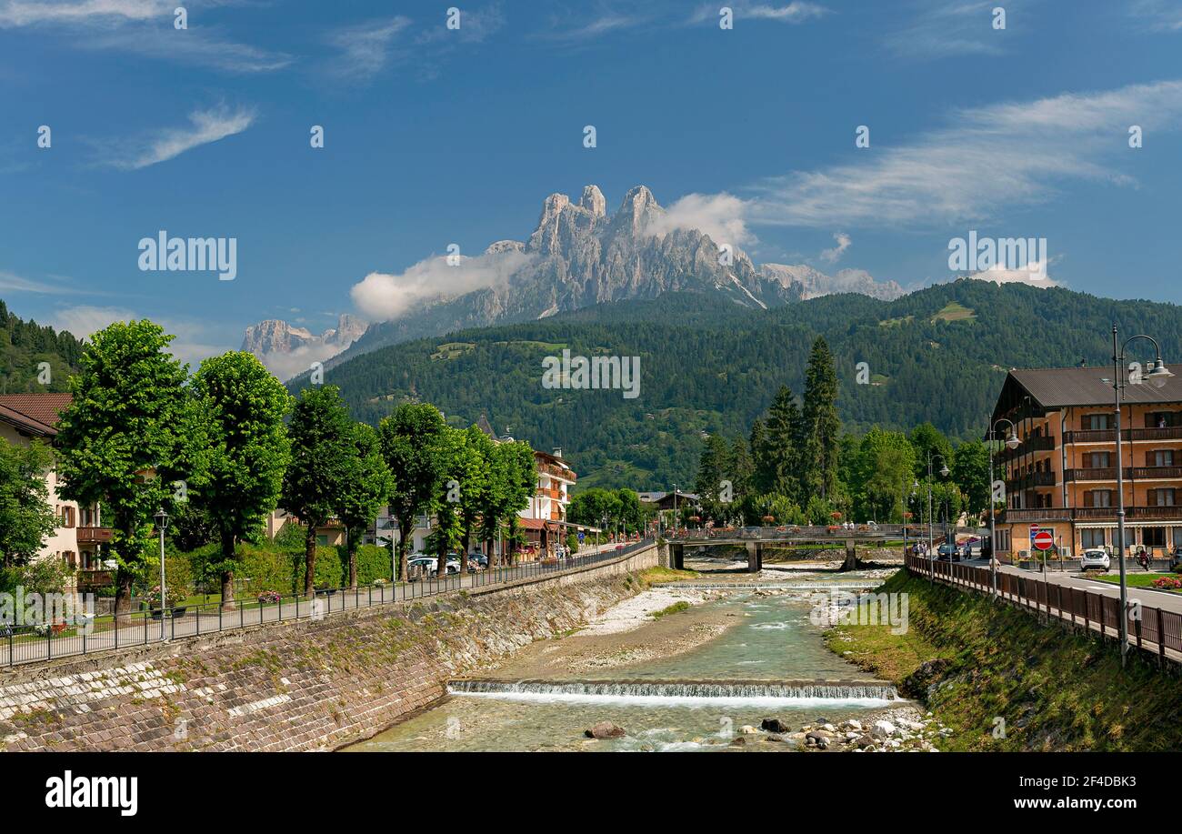 Fiera di Primiero, Pale di San Martino village with Dolomite peaks in Val di Primiero Noana of Trentino Alto-Adige, Italy in sunrise. Stock Photo