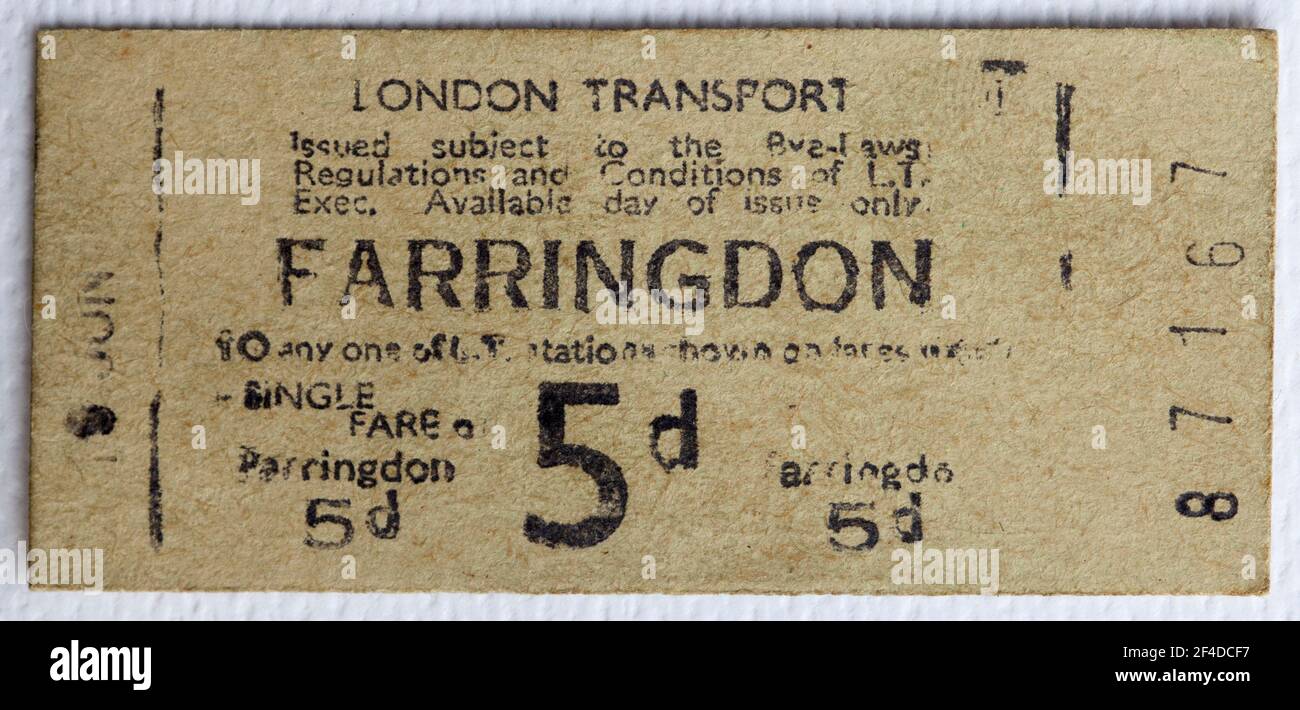 1950s London Transport Underground or Tube Train Ticket from Farringdon Station Stock Photo