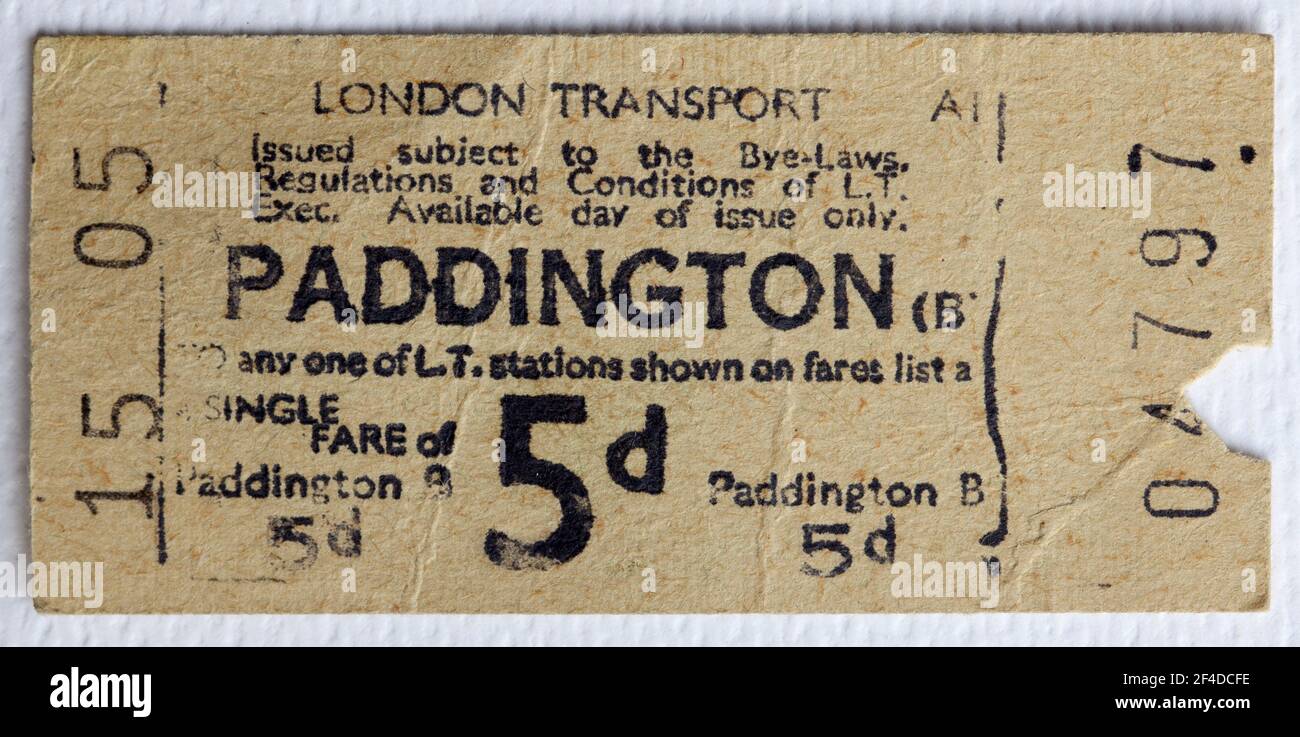 1950s London Transport Underground or Tube Train Ticket from Paddington