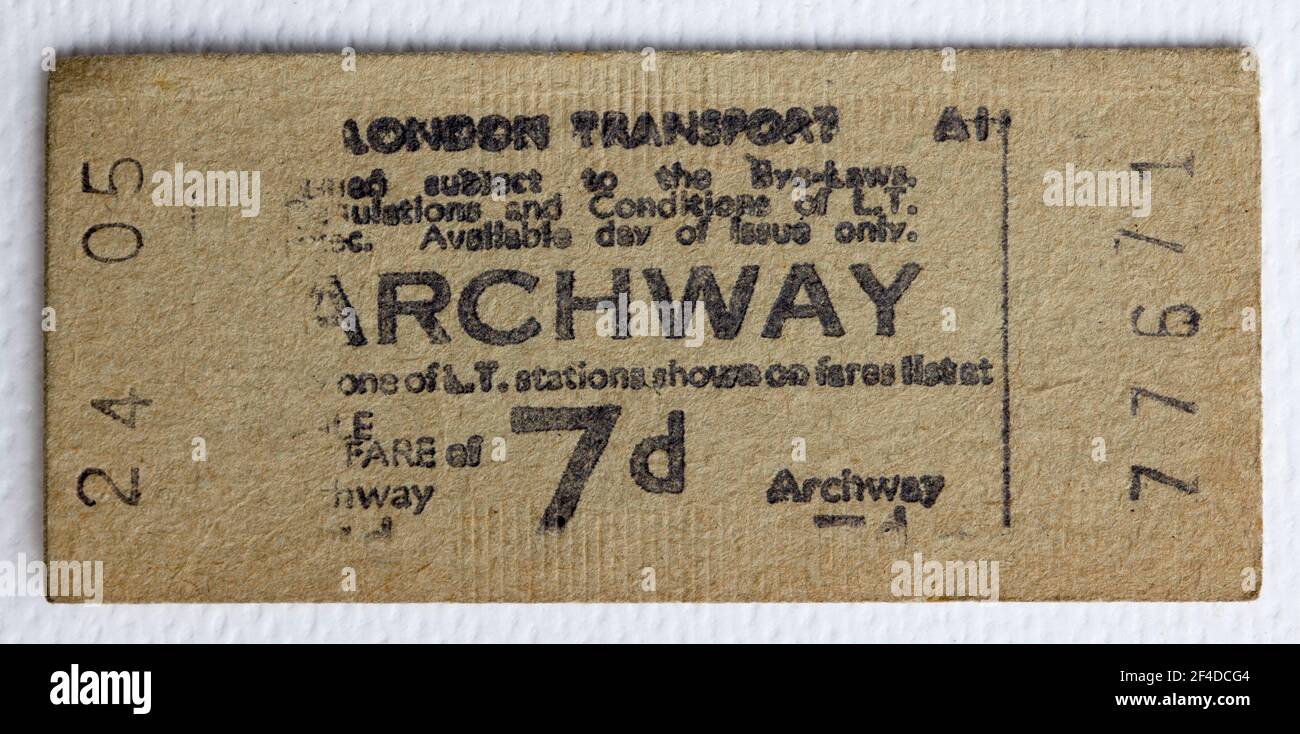 1950s London Transport Underground or Tube Train Ticket from Archway