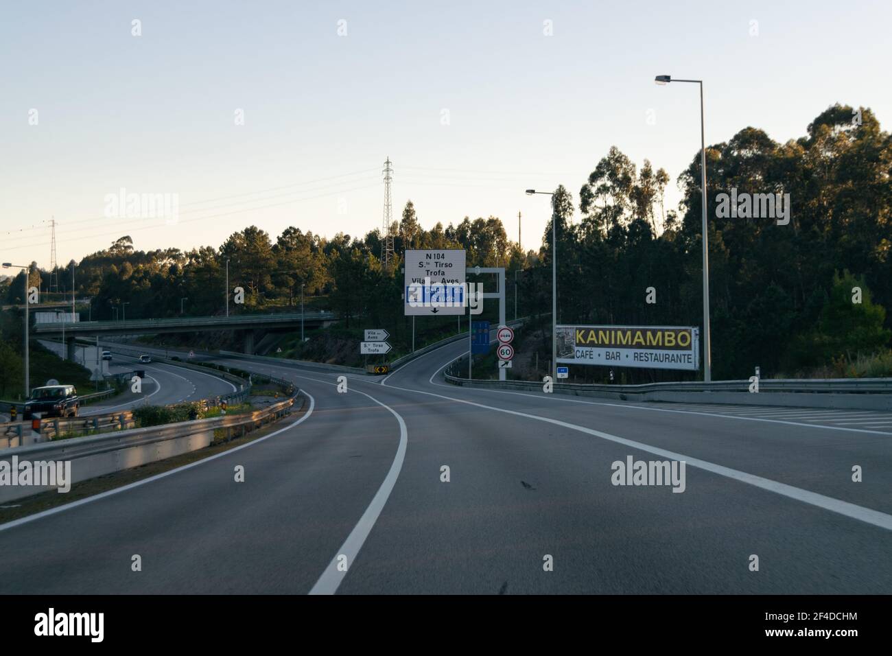 Driving or traveling in highways or motorways. Portuguese payed motorways from Brisa Auto-estradas de Portugal. Vila das Aves and Santo Tirso exit. Stock Photo