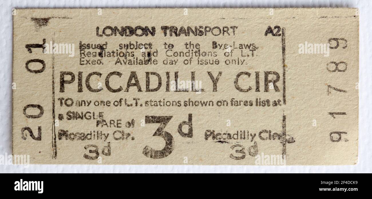 1950s London Transport Underground or Tube Train Ticket from Piccadilly Circus Station Stock Photo