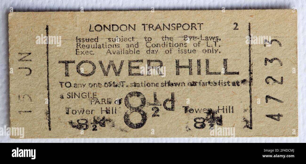 1950s London Transport Underground or Tube Train Ticket from Tower Hill Station Stock Photo