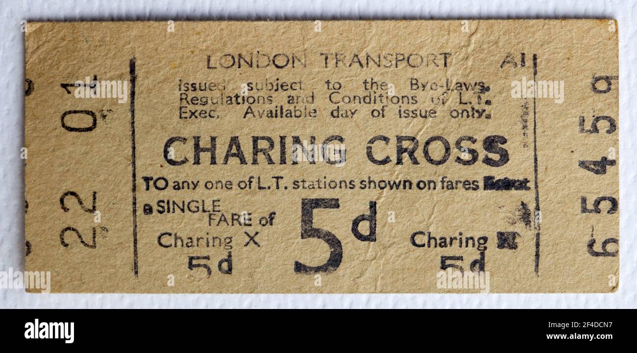 1950s London Transport Underground or Tube Train Ticket from Charing Cross Station Stock Photo