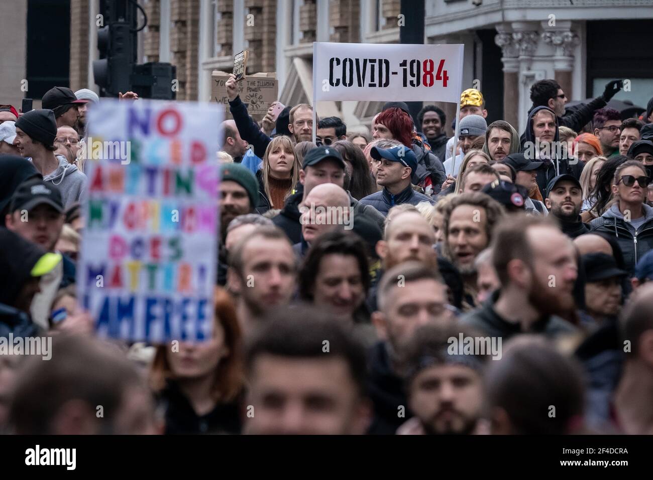 London, UK. 20th March, 2021. Coronavirus: Thousands of anti-lockdown demonstrators march under heavy police surveillance from Hyde Park to Westminster. Credit: Guy Corbishley/Alamy Live News Stock Photo