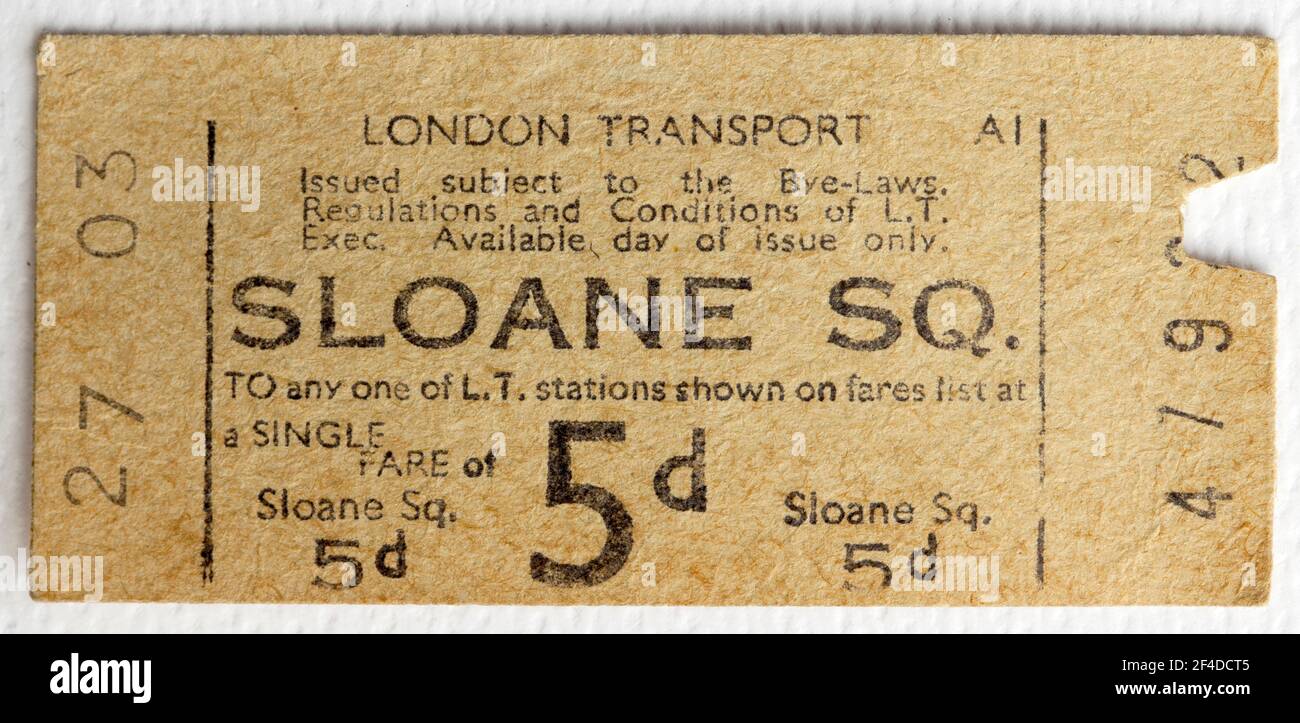 1950s London Transport Underground or Tube Train Ticket from Sloane Square Station Stock Photo
