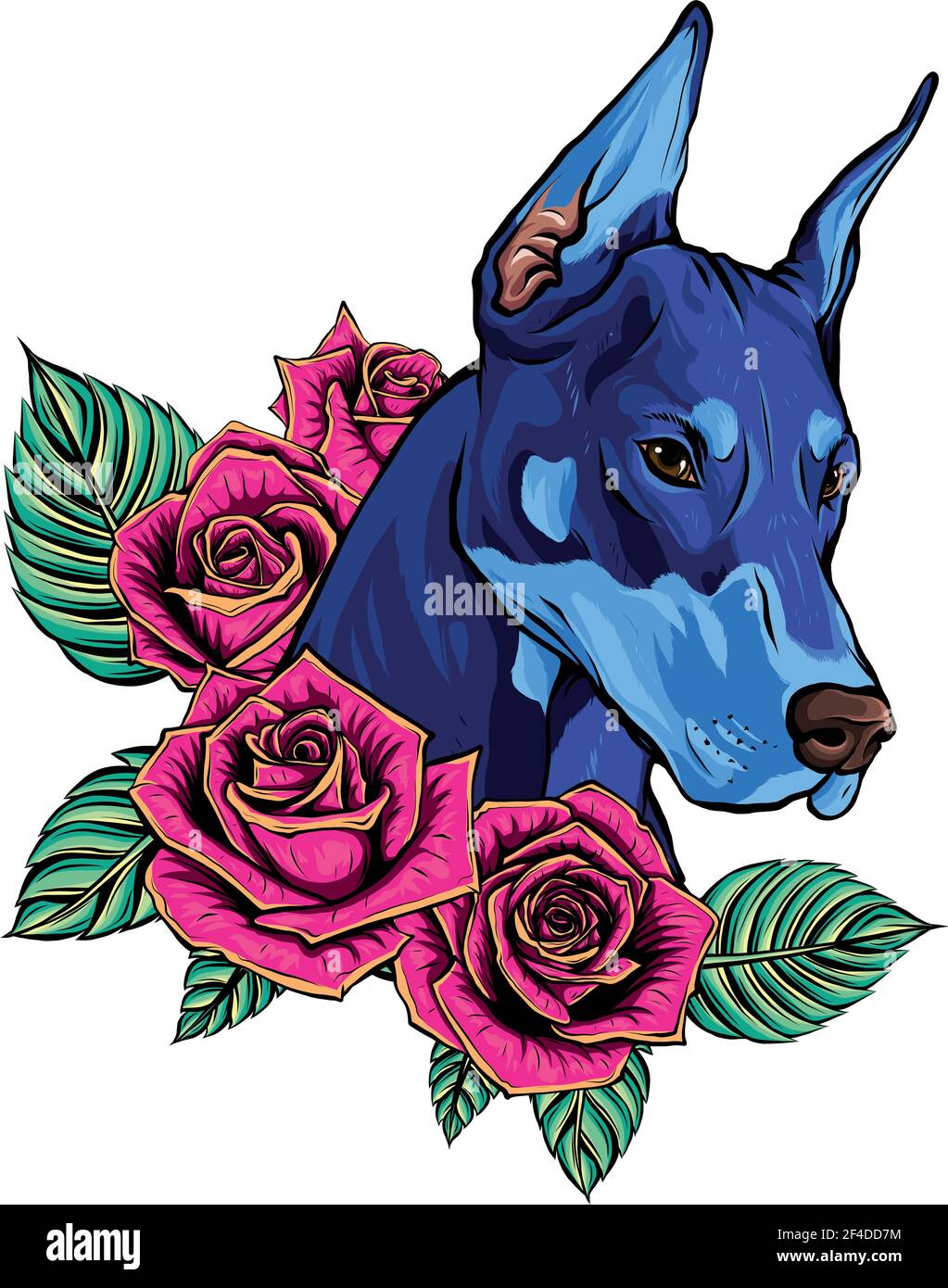 vector Dobermann dog face with red roses Stock Vector