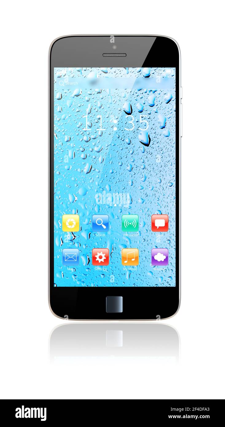 Mobile smartphone with colorful apps on a water drop screen wallpaper. 3d image Stock Photo - Alamy Mobile smartphone with colorful apps on a water drop screen wallpaper. 3d image Stock Photo - Alamy