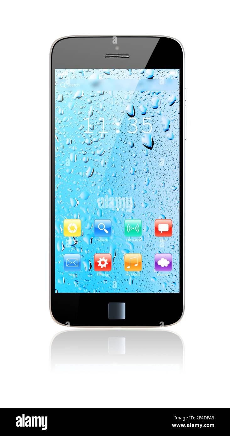 Mobile smartphone with colorful apps on a water drop screen wallpaper. 3d image Stock Photo