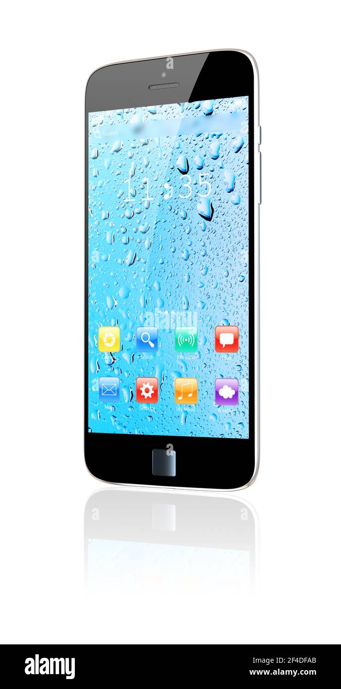 Mobile smartphone with colorful apps on a water drop screen wallpaper. 3d image Stock Photo