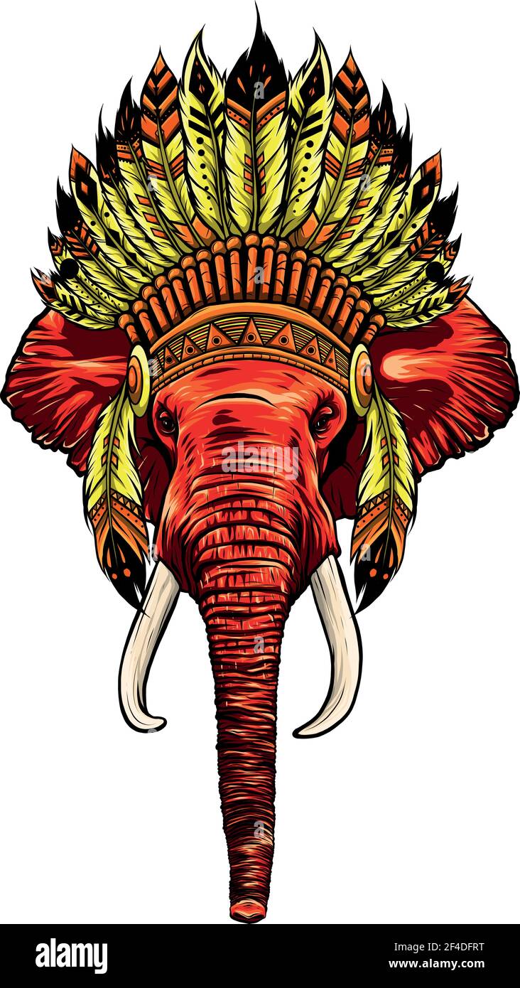 Elephant head with american indian chief headdress. Stock Vector