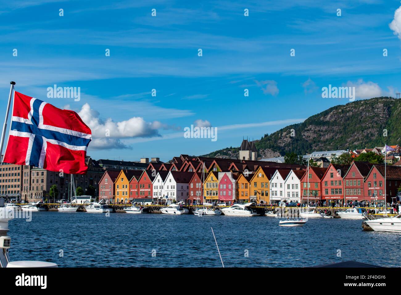 Bryggen street with wooden colored houses in Bergen, Norway Stock Photo