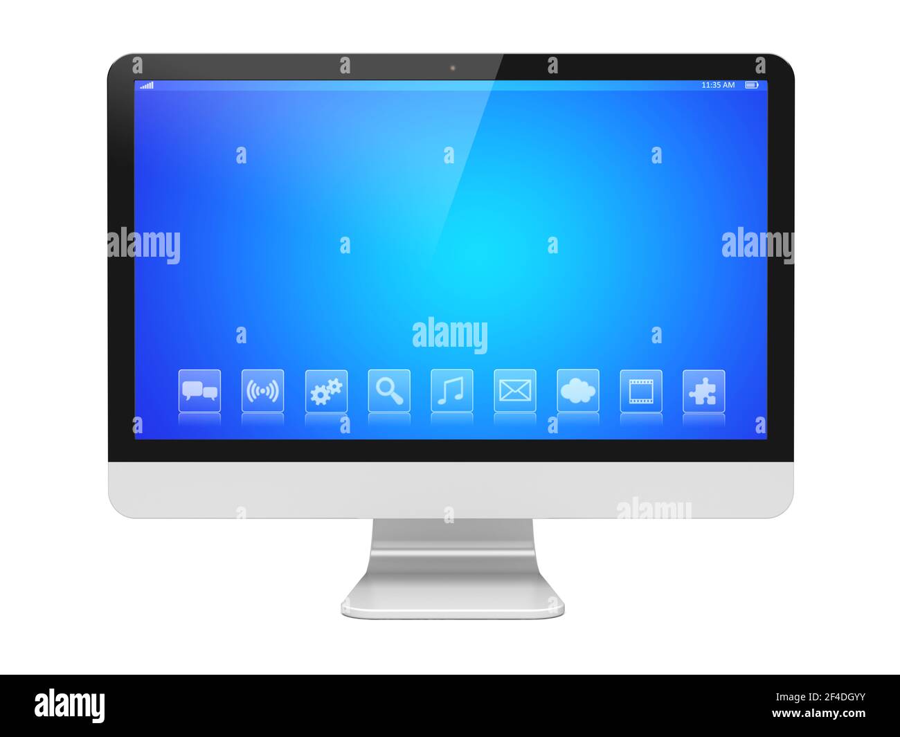 Computer pc wide monitor with a blue screen and apps Stock Photo Alamy