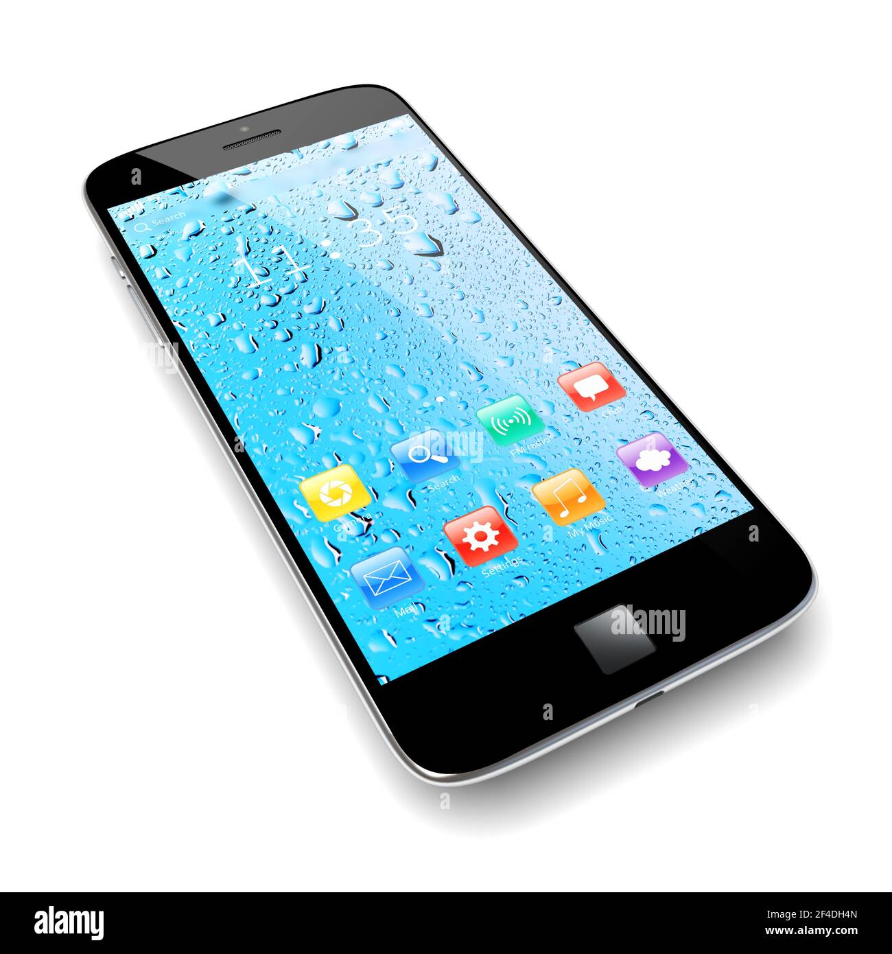 Mobile smartphone with colorful apps on a water drop screen wallpaper. 3d image Stock Photo