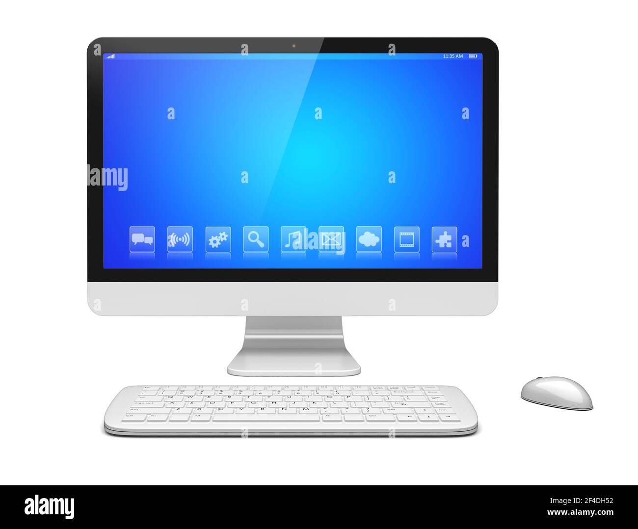 Desktop pc computer with large wide monitor with blue background and ...