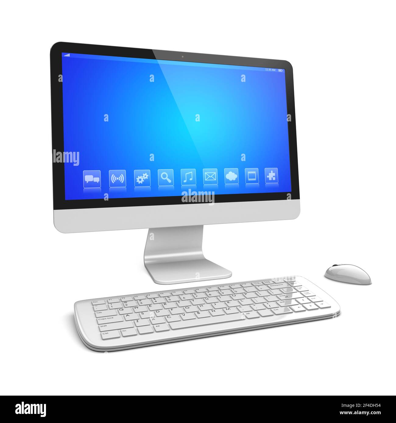 Desktop pc computer with large wide monitor with blue background and ...