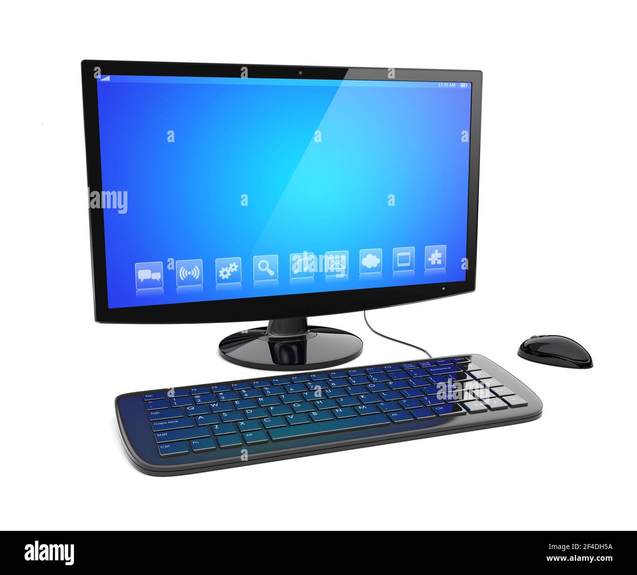 Black desktop pc computer with keyboard and mouse, and a blue screen