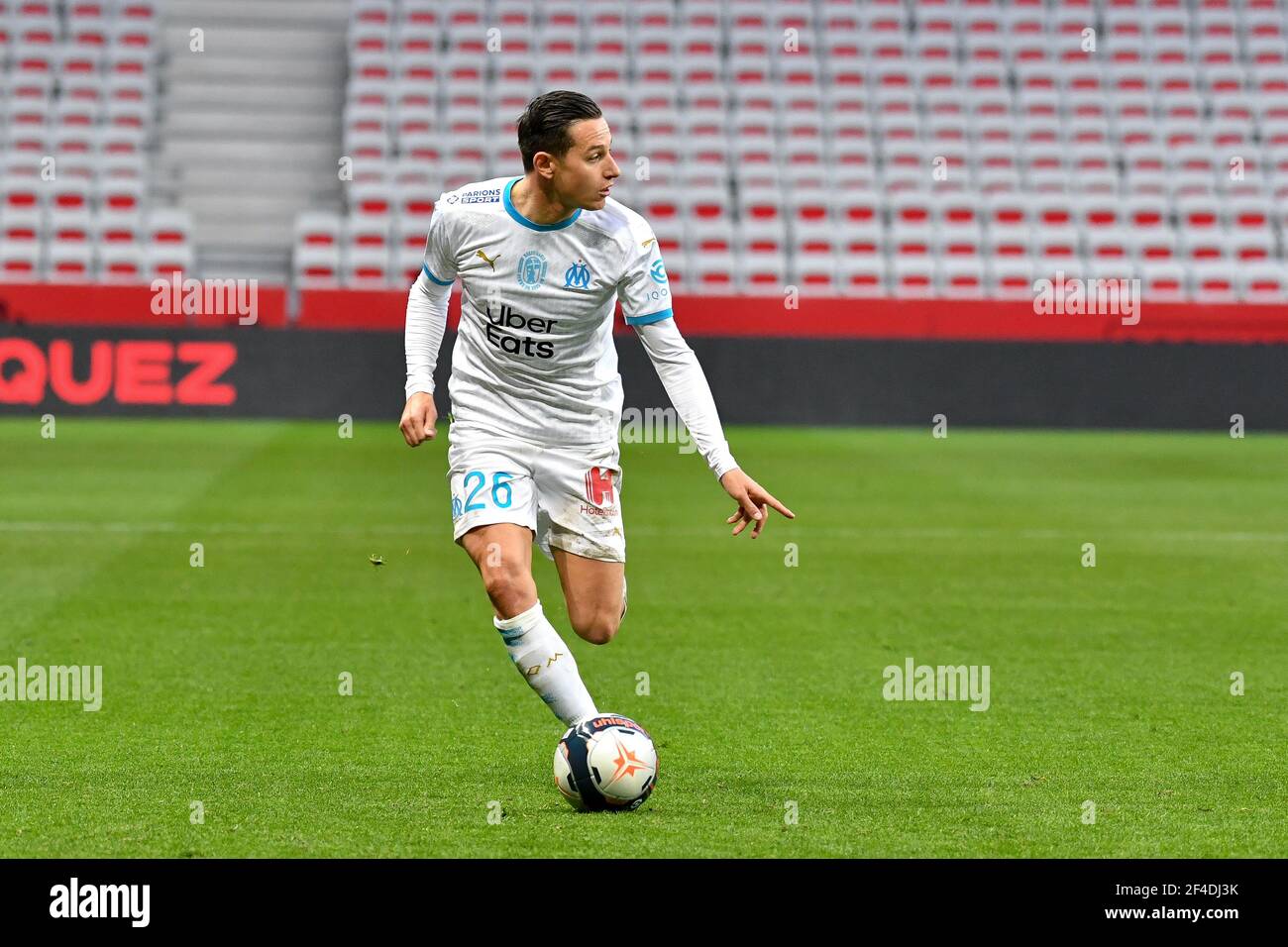 Nice, France. 20th Mar, 2021. Florian Thauvin during the Nice vs Marseille  match at the Ligue 1 Uber Eats on March 20, 2021 in Nice, France. (Photo by  Lionel Urman/Sipa USA) Credit: