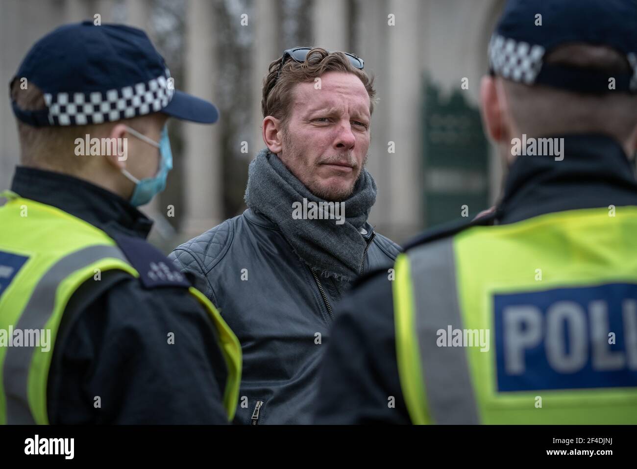 Laurence Fox, former actor and current leader of Reclaim party, is told to move on by police during an attempted anti-lockdown gathering in Hyde Park. Stock Photo