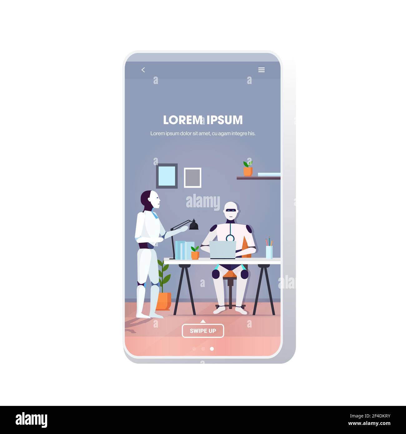 modern robots team using laptop robotic coworkers brainstorming at workplace artificial intelligence technology concept modern office interior Stock Vector