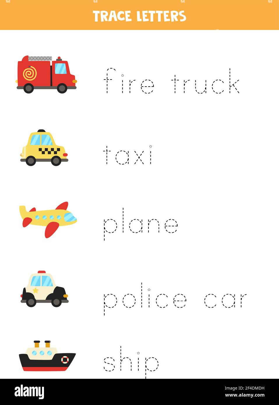 Trace the names of cartoon transportation means. Handwriting practice