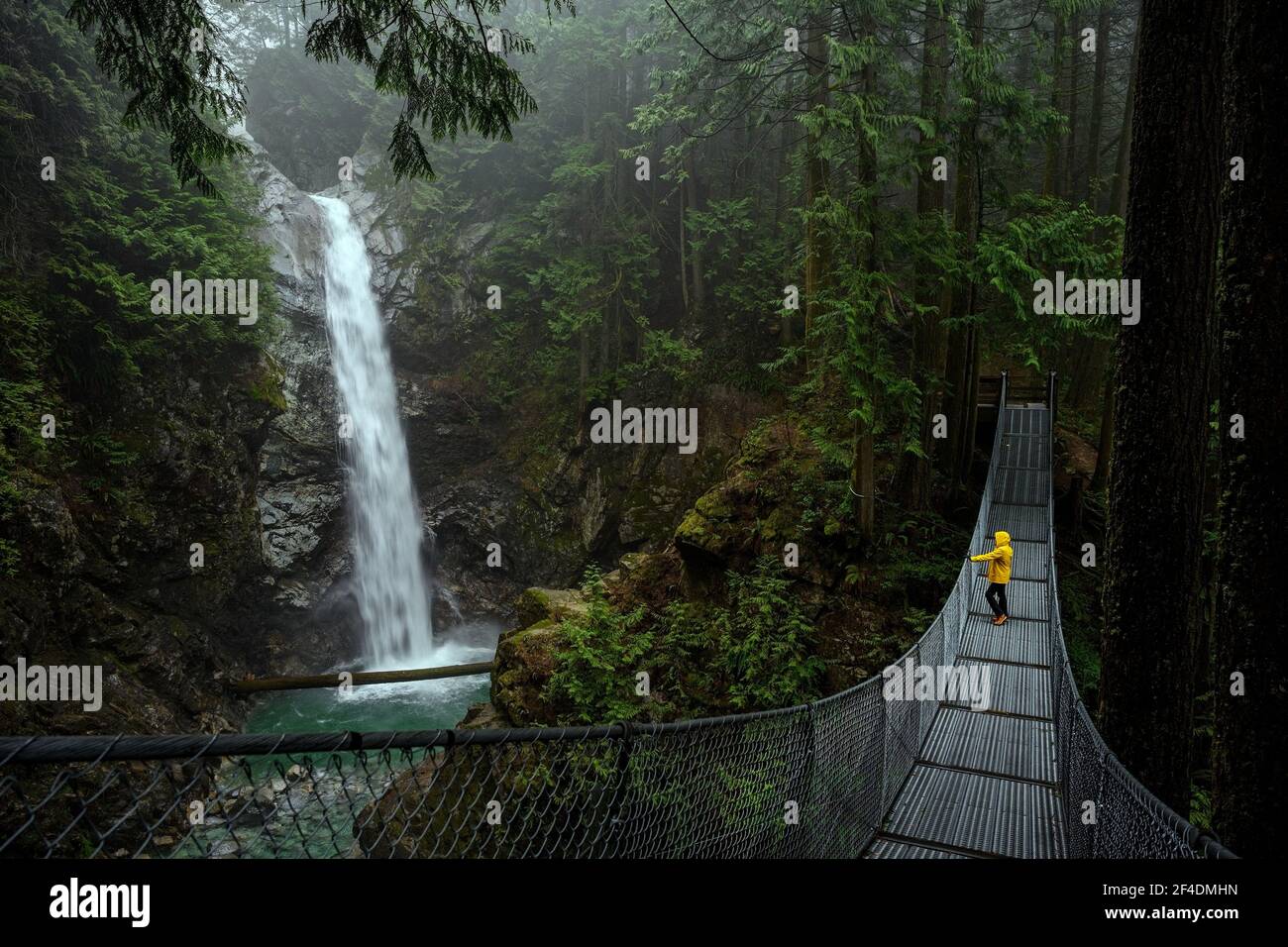 Woman in yellow rain jacket standing on a suspension bridge and watching the Cascade falls, in Cascade falls regional park, Deroche, British Columbia, Stock Photo