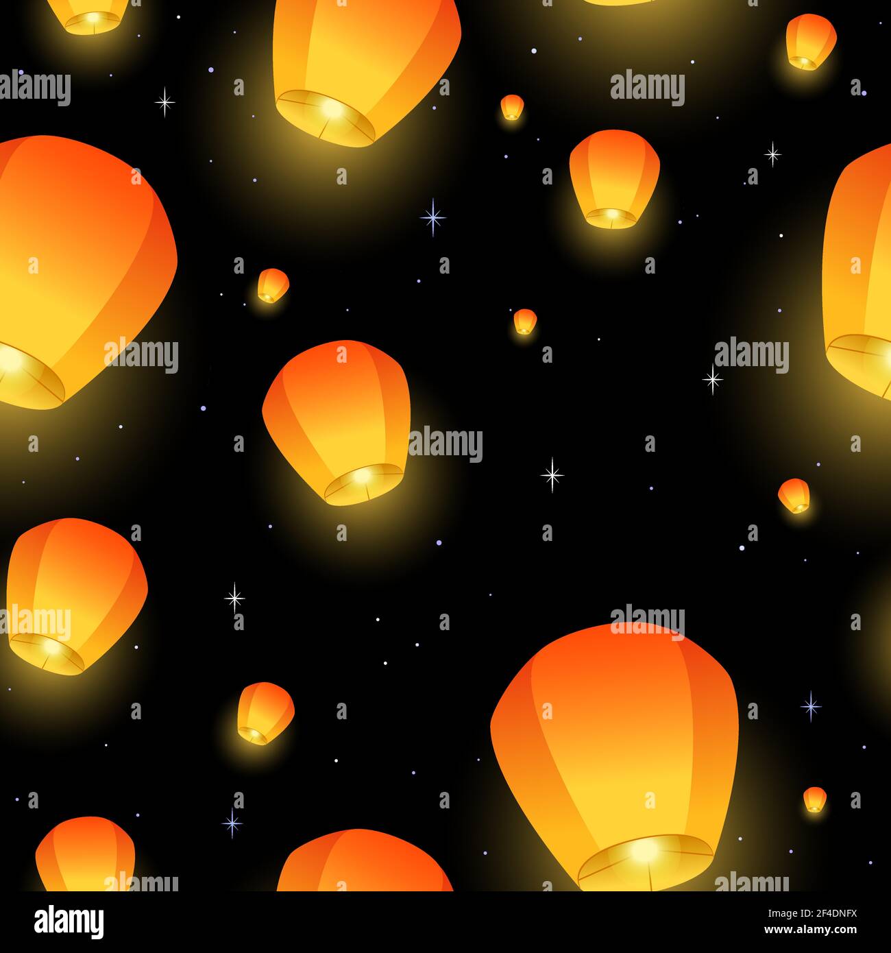 Flying Sky lanterns seamless pattern. Diwali festival, Mid Autumn Festival or Chinese festive. Luminous floating lamps in the night sky. Vector illustration for wrapping paper, fabric, wallpaper. Vector illustration. Stock Vector
