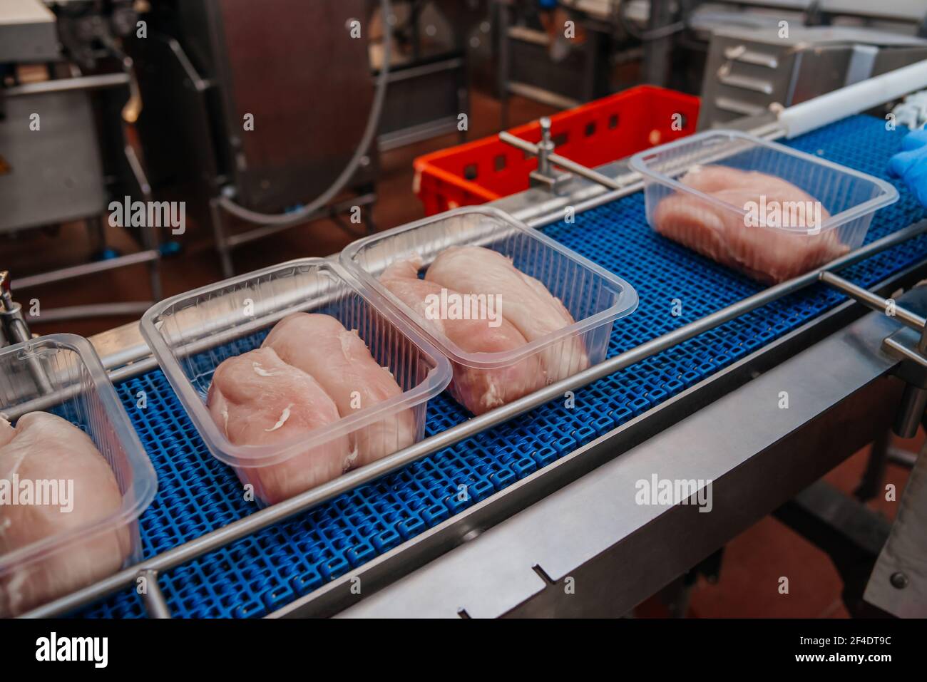 Production line with packaging and cutting of meat.Food products meat ...