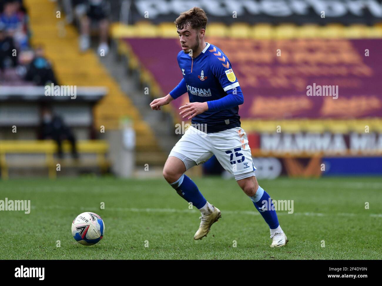 BRADFORD, ENGLAND. MARCH 20TH: Stock action picture of Oldham Athletic's Alfie McCalmont during the Sky Bet League 2 match between Bradford City and Oldham Athletic at the Coral Windows Stadium, Bradford on Saturday 20th March 2021. (Credit: Eddie Garvey | MI News) Credit: MI News & Sport /Alamy Live News Stock Photo