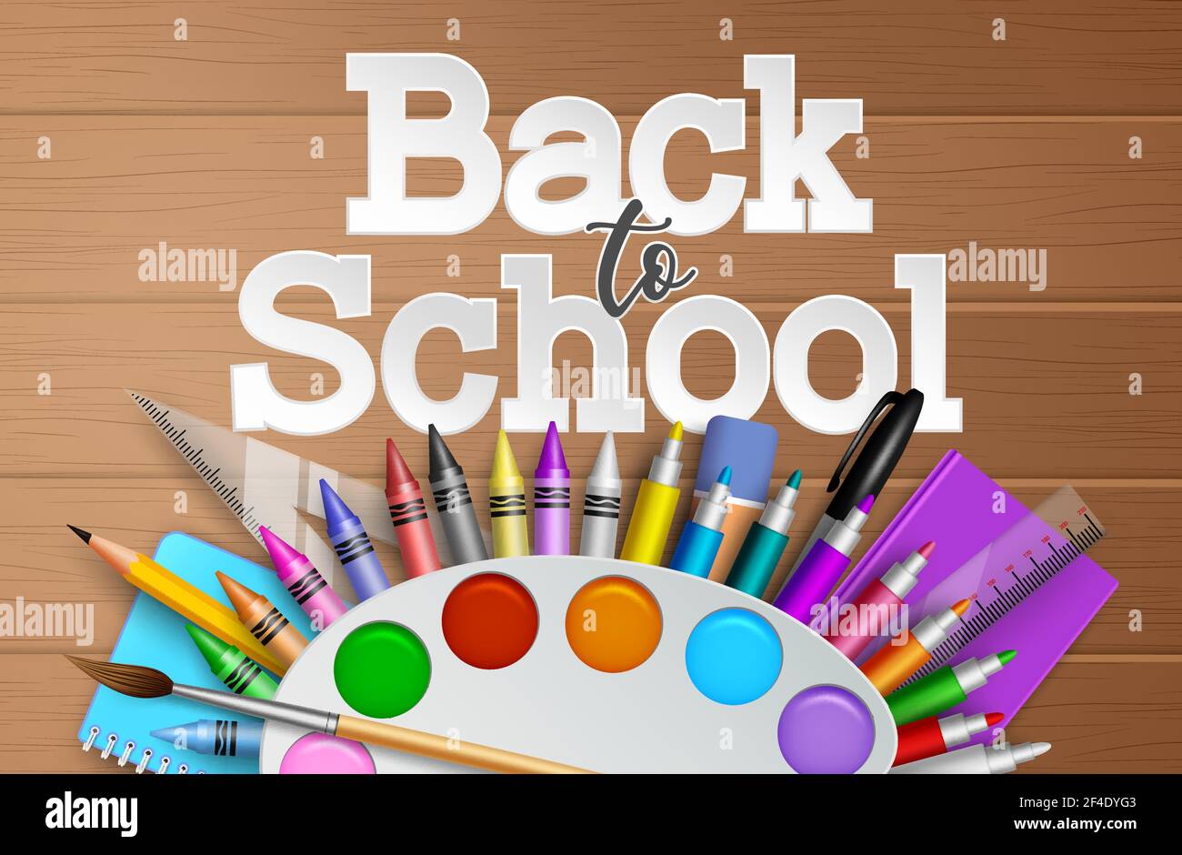 Back to school vector banner background. Back to school text with coloring and painting education elements like paint, crayons and color pen for art. Stock Vector