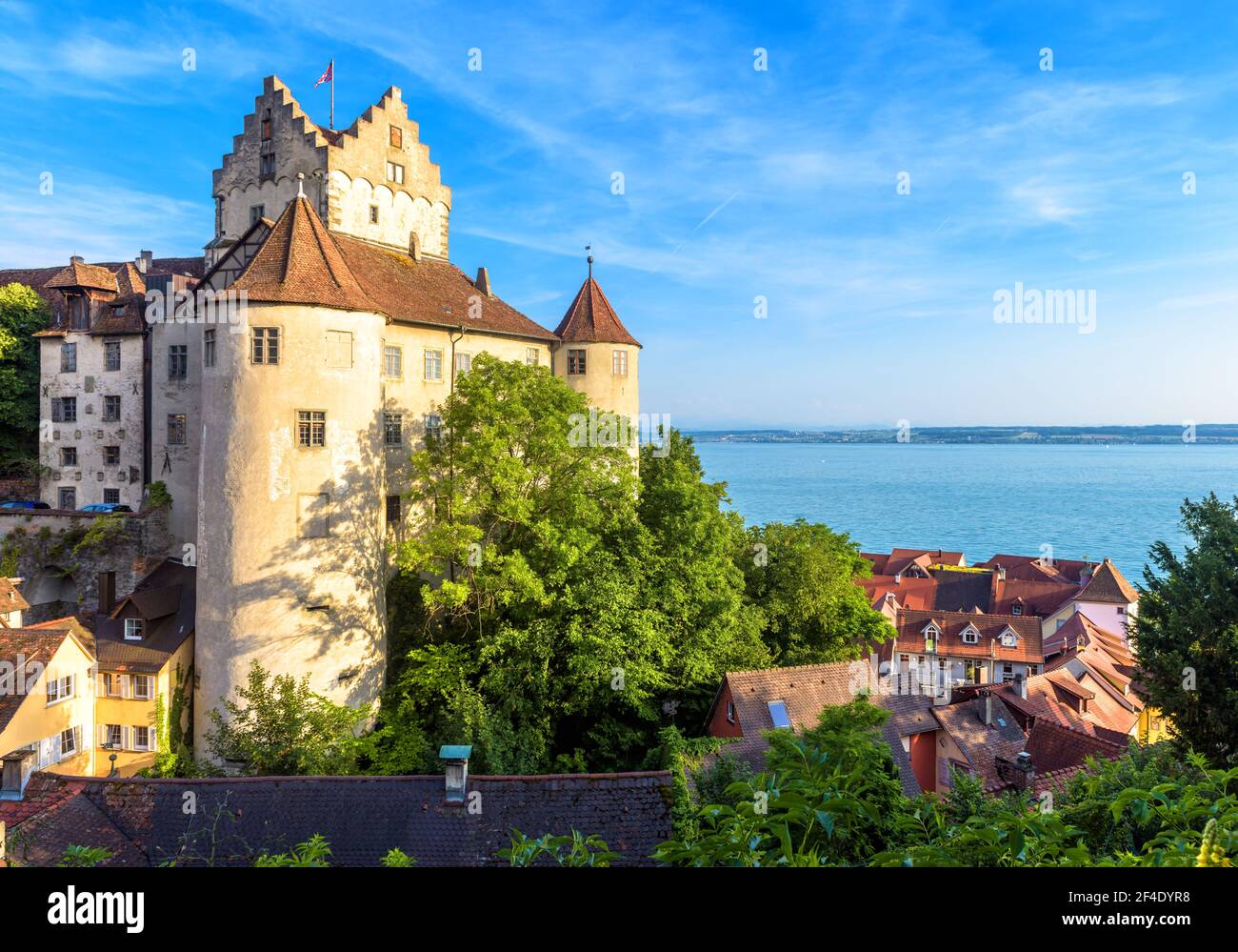 Meersburg Castle in Baden-Wurttemberg, Germany, Europe. It is medieval landmark of Meersburg city. Landscape of Lake Constance or Bodensee with German Stock Photo