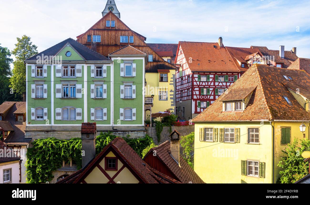Meersburg city in Baden-Wurttemberg, Germany, Europe. Panorama of colorful houses in summer, scenery of old town of Meersburg. Densely standing reside Stock Photo