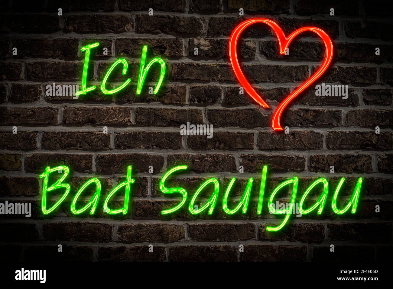 Leuchtreklame, Ich liebe Bad Saulgau, Baden-Württemberg, Deutschland, Europa | Illuminated advertising, I love Bad Saulgau, Baden-Württemberg, Germany Stock Photo