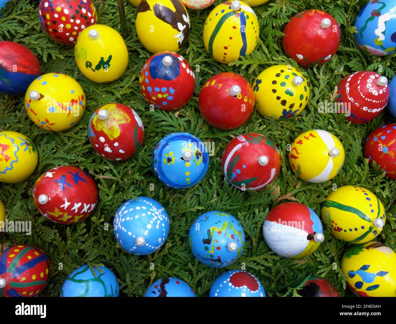Hand-painted eggs at the Easter Fountain in Schechingen, Ostalb District, Baden-Württemberg, Germany Stock Photo