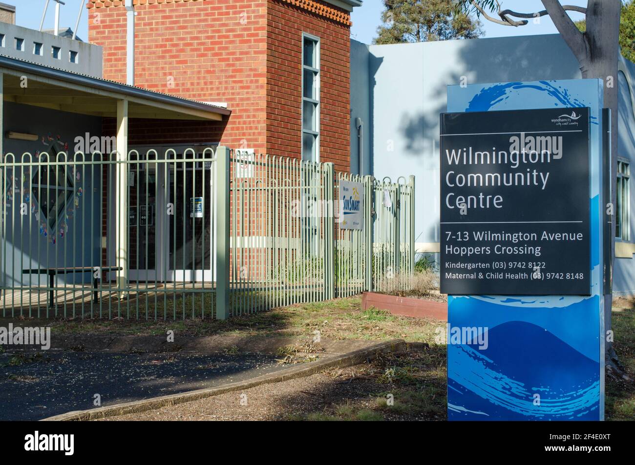 The sign of an Australian suburban Community Centre -- the Wilmington Community Centre, offering kindergarten and Maternal & Child Health service. Stock Photo