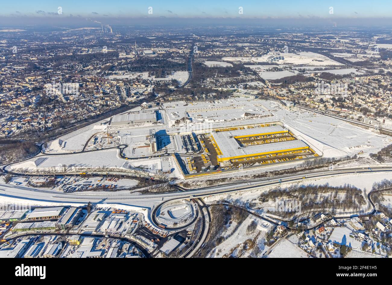 Aerial view, DHL Logistik parcel center, former Opel area with old administration building, industrial area Mark 51/7, Laer, Bochum, Ruhr area, North Stock Photo