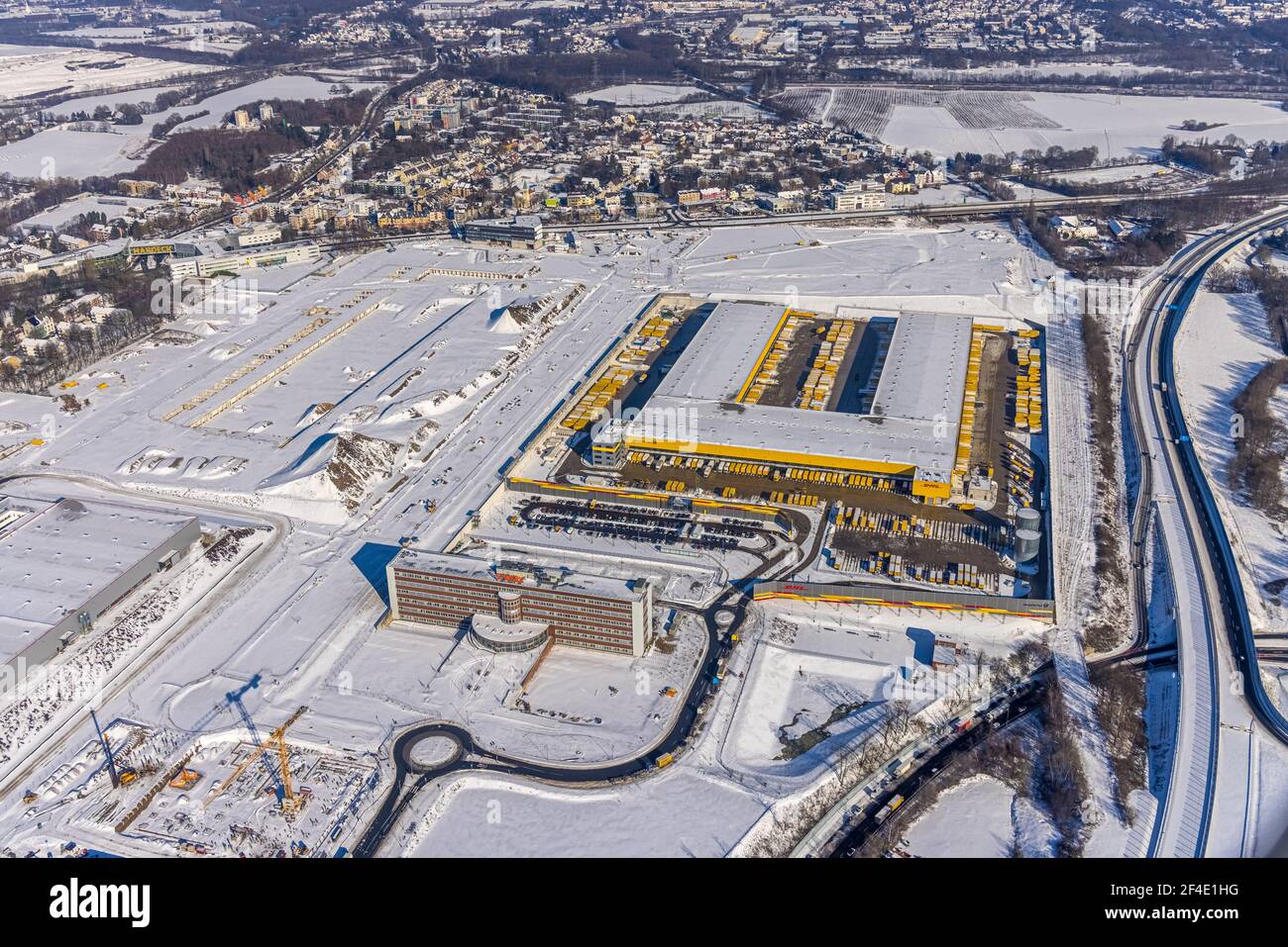 Aerial view, DHL Logistik Parcel Center, former Opel area with old administration building, industrial area Mark 51/7, Laer, Bochum, Ruhr area, North Stock Photo