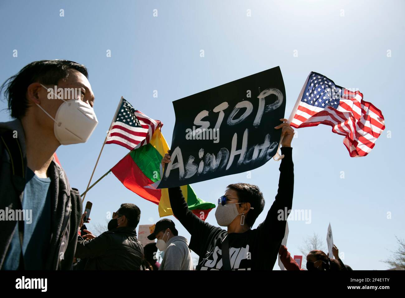 Atlanta, GA, USA. 20th Mar, 2021. Thousands from Asian American and Pacific Islander community and supporters gather outside state Capitol for rally and march through downtown, protesting surge in violence against their community and displaying anger over killing of eight Asian spa workers days earlier. Credit: Robin Rayne/ZUMA Wire/Alamy Live News Stock Photo