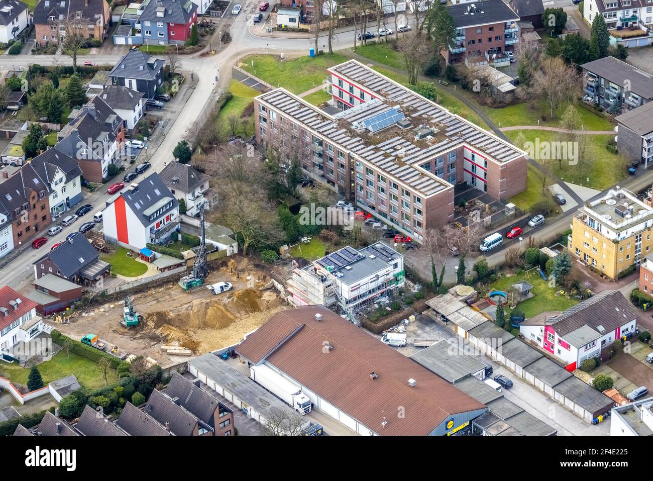 Aerial view, Diakonisches Werk Gladbeck-Bottrop-Dorsten retirement center Käthe Braus, construction site, Bottrop, Ruhr area, North Rhine-Westphalia, Stock Photo
