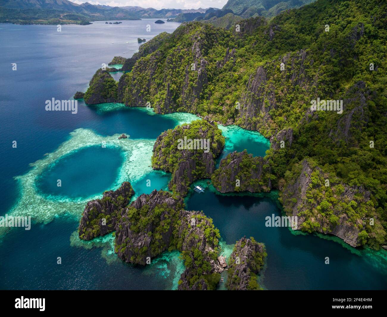 Aerial view of karst scenery at Twin Lagoon in Coron Island, Palawan, Philippines. Stock Photo