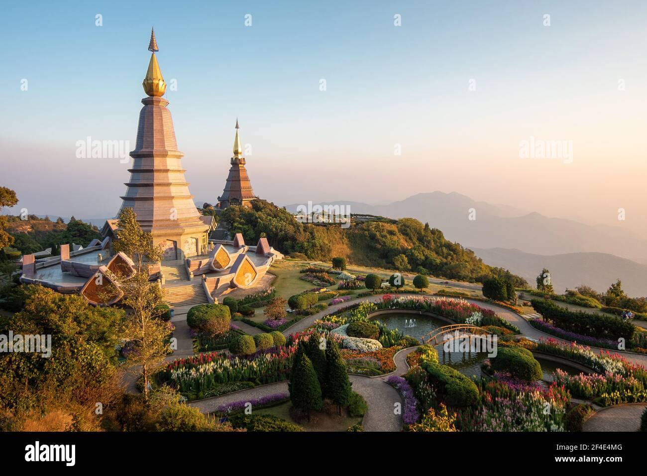 Doi Inthanon twin pagodas at Inthanon mountain near Chiang Mai, Thailand. Stock Photo