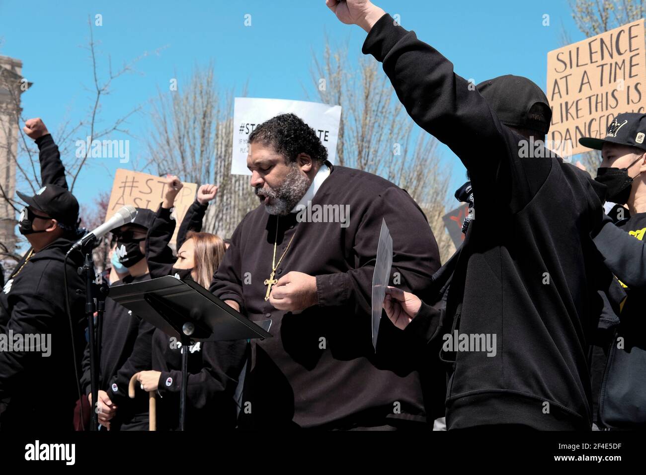 Atlanta, Georgia, USA. 20th Mar, 2021. Co-Chair of the Poor People's Campaign, Reverend William Barber II speaks to a crowd of demonstrators at a Stop Asian Hate March and Rally in Atlanta. The demonstration was held just days after the deadly shootings at three Asian operated spas in Georgia that left eight people dead, six of which were of Asian descent. The shooter, a white man named Robert Aaron Long, has been arrested and charged with eight counts of murder. Credit: John Arthur Brown/ZUMA Wire/Alamy Live News Stock Photo